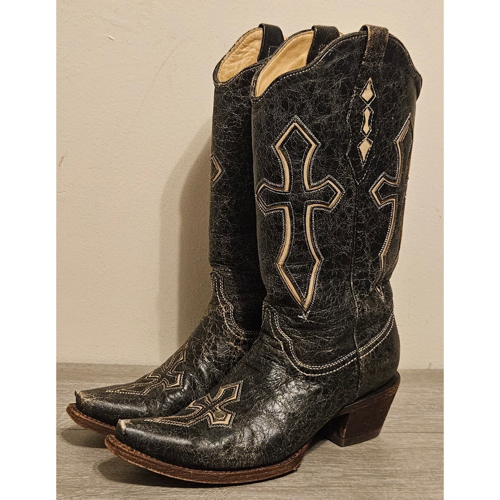 Corral Vintage Black Distressed Leather Cross Inlay Western Boots A2313 Sz 8.5 M